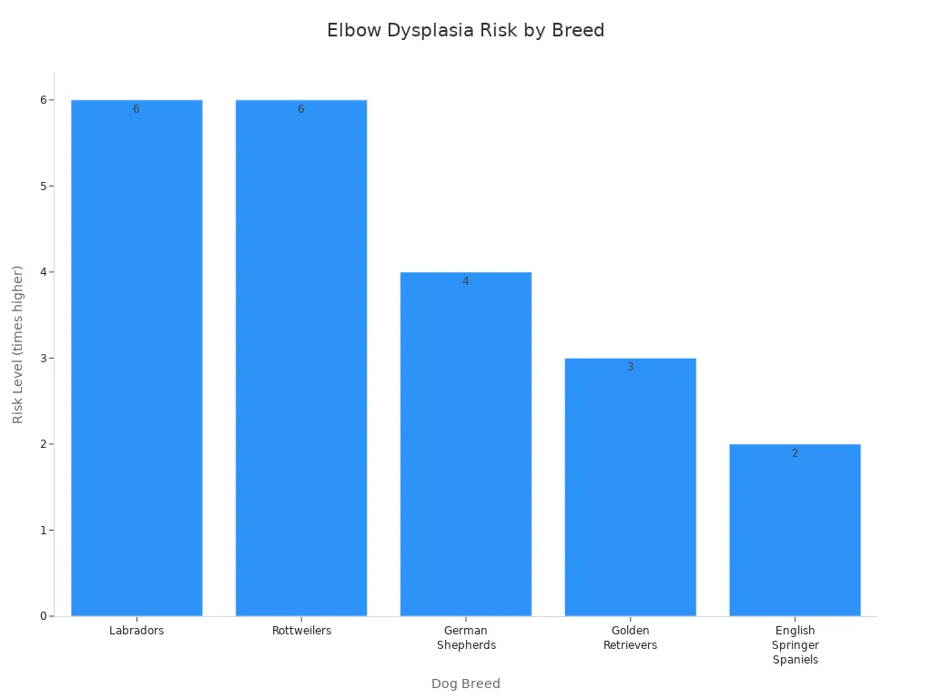 Bar chart showing risk of elbow dysplasia and arthritis in various dog breeds compared to crossbreeds