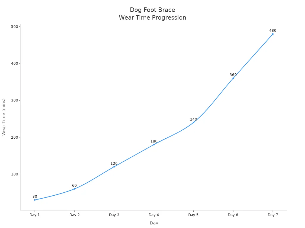 Line chart showing daily increase in dog foot brace wear time over seven days