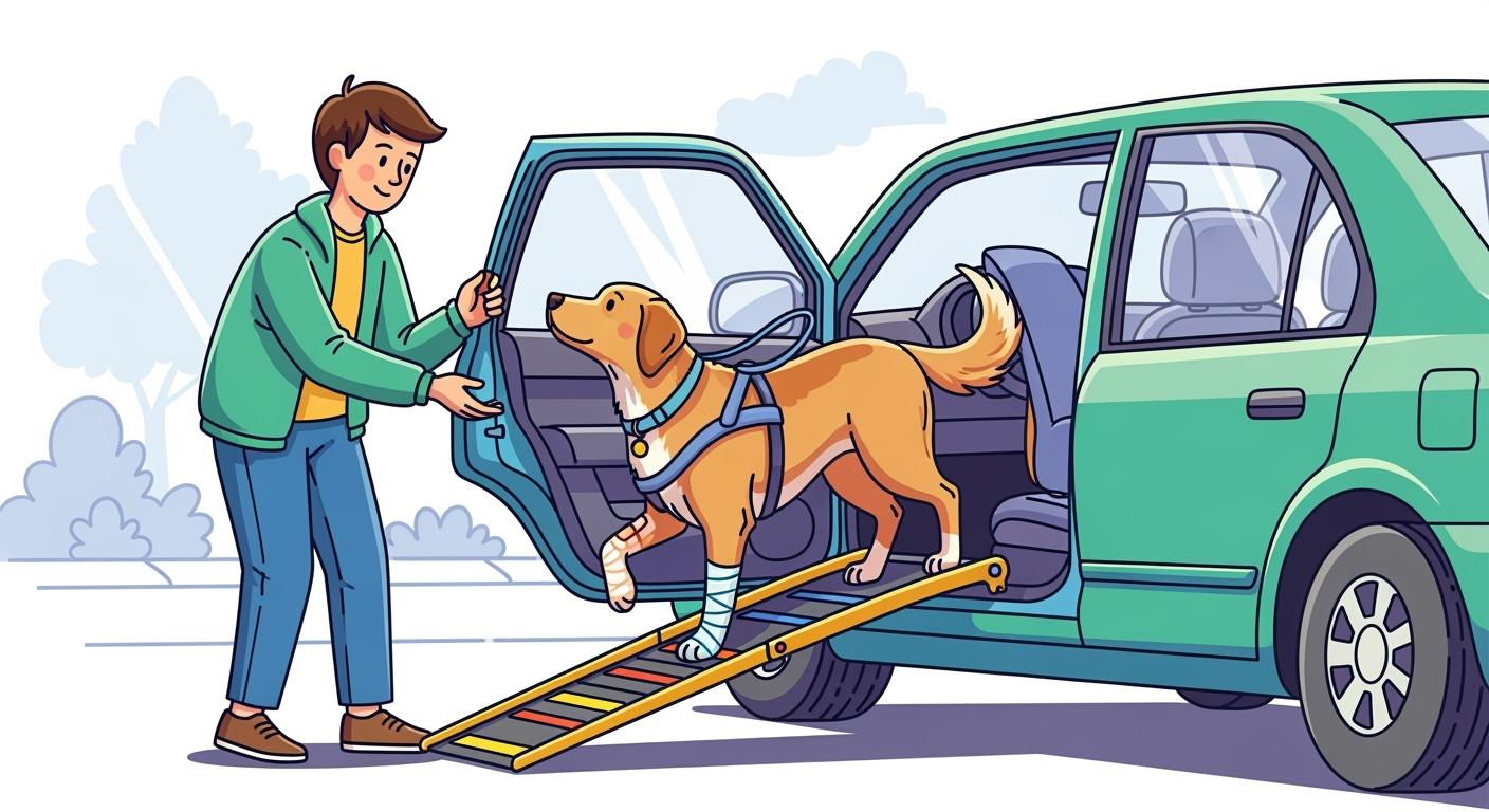 Dog get in car after surgery step-by-step: ramp and harness help for safe transfers