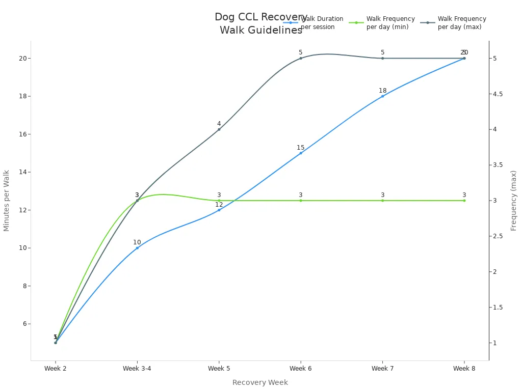 Line chart showing recommended walk duration and frequency for dog CCL recovery over eight weeks