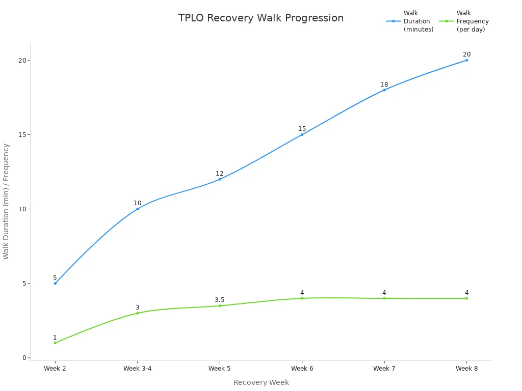 Line chart showing TPLO recovery walk duration and frequency by week