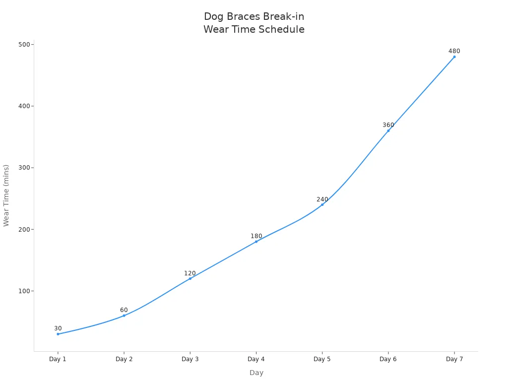 Line chart showing increasing daily wear time for new dog braces over seven days