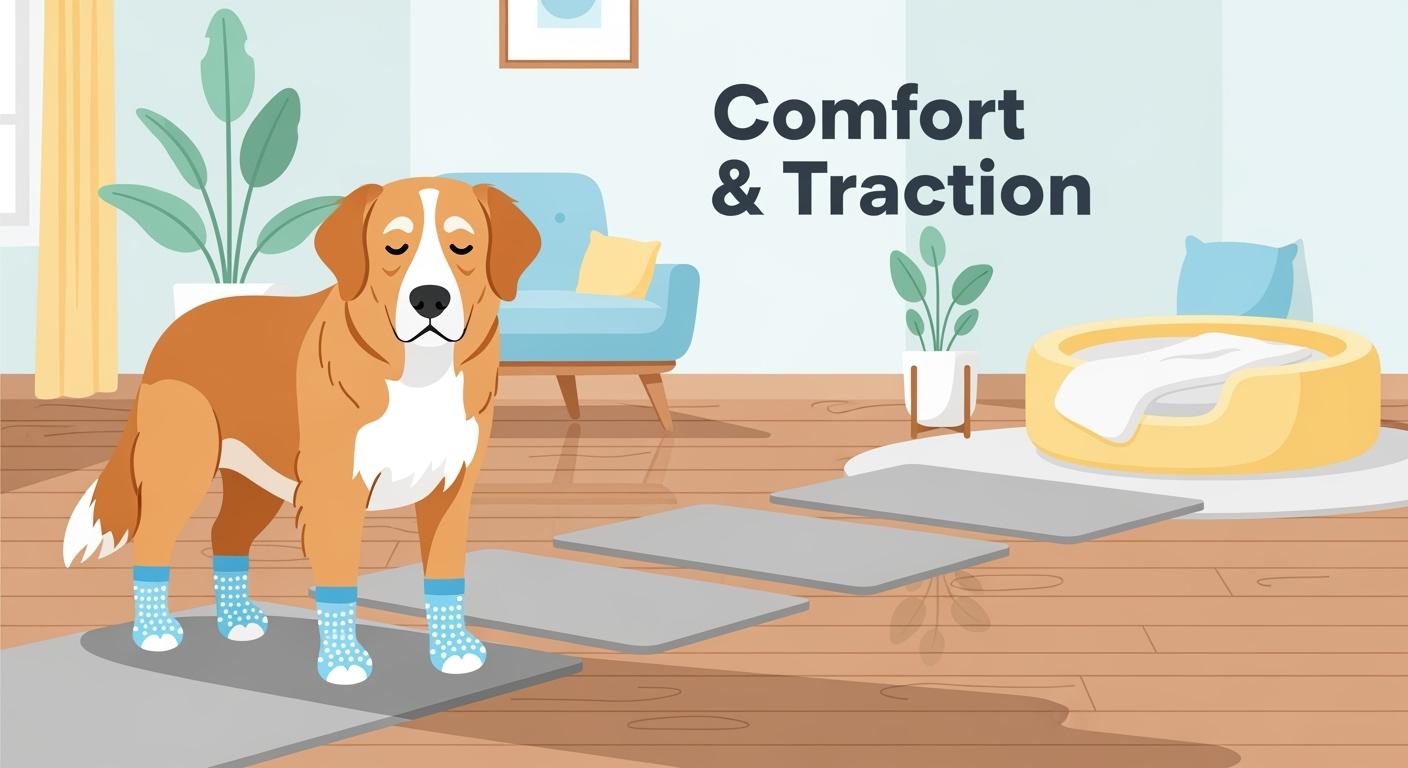 Senior dog slipping on hardwood floors safe steps with traction socks and runners