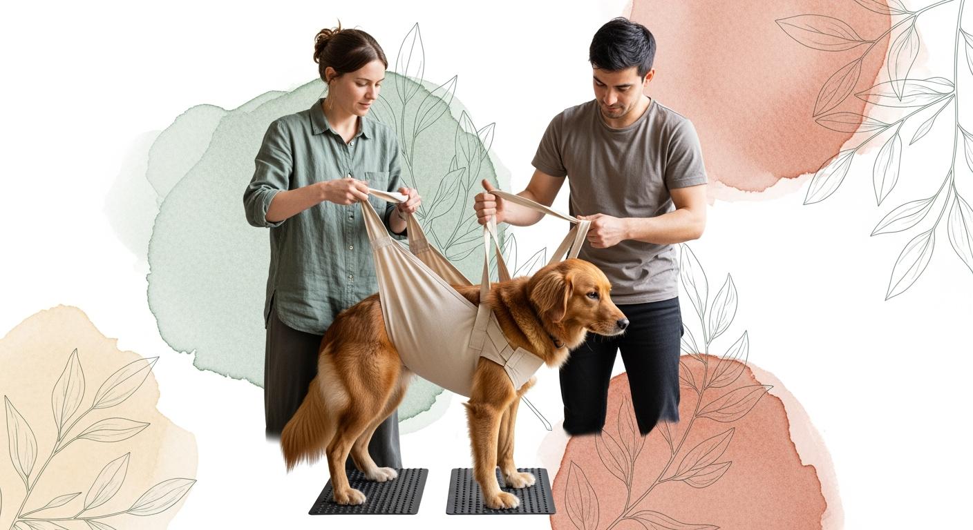 Step-by-step guide to the two-point lifting technique for dogs using a support sling and non-slip runners