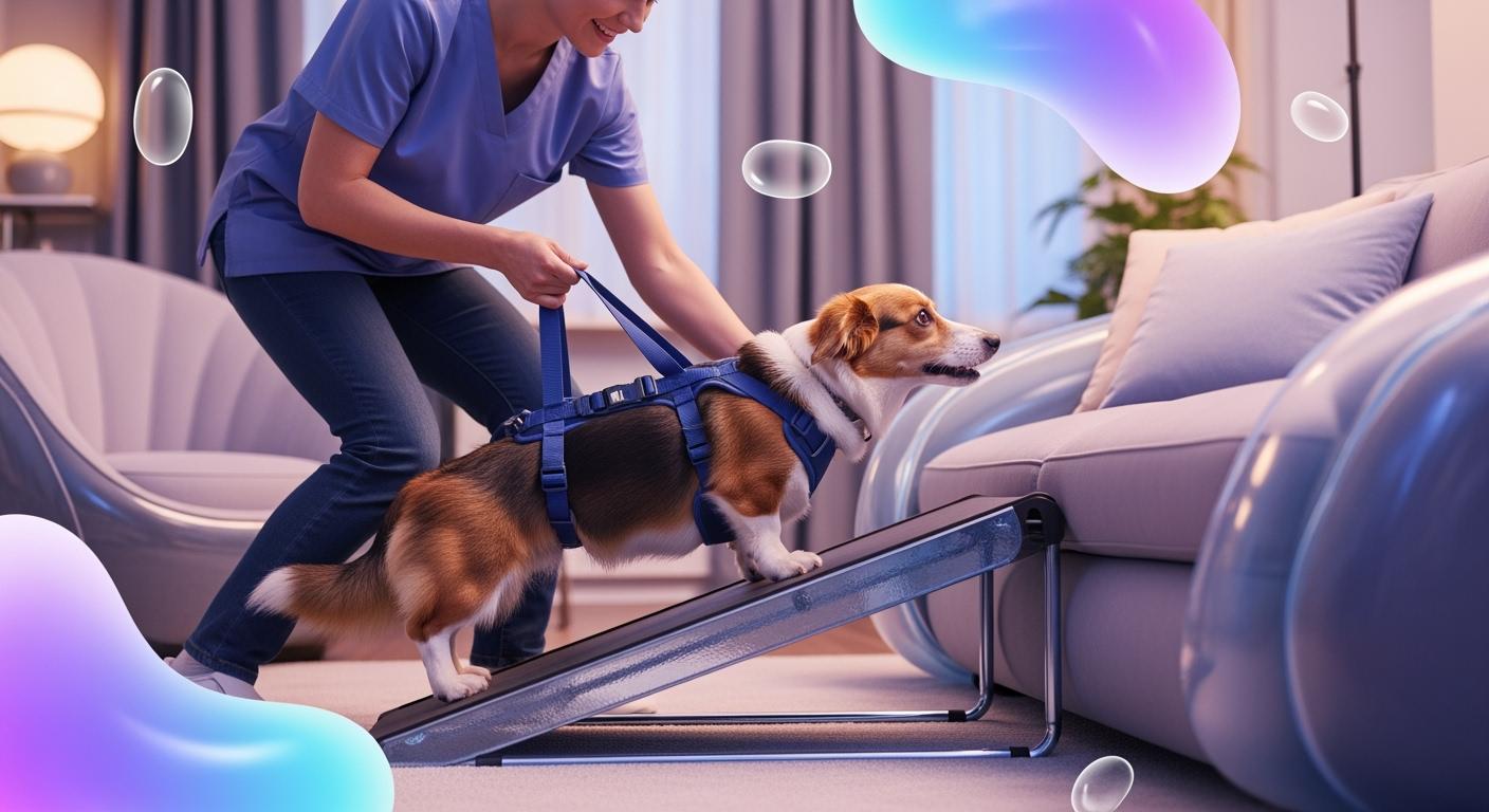 IVDD dog home care and mobility support using full-body lift harness and ramps to prevent falls