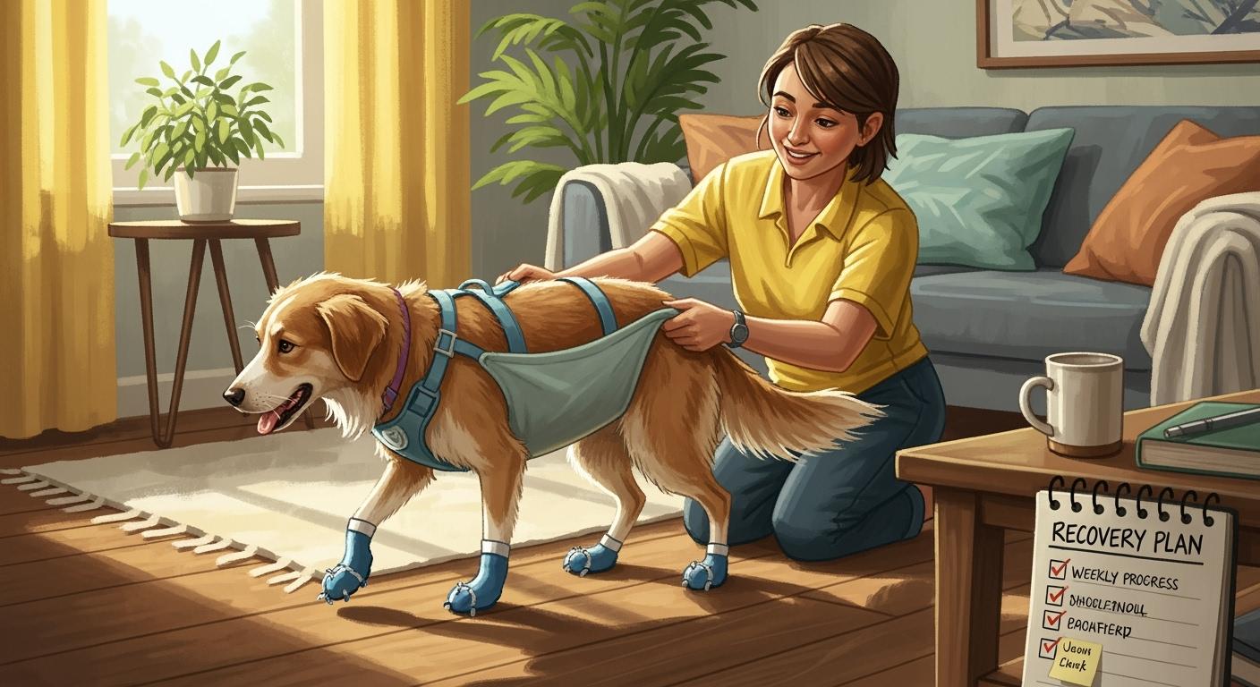 TPLO recovery week by week checklist for pet owners using slings, harnesses, and traction socks