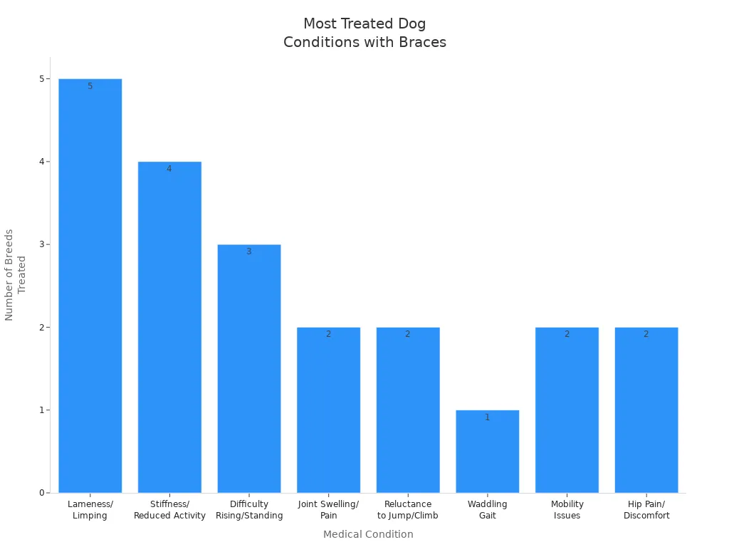 Bar chart showing most frequently treated dog medical conditions with braces