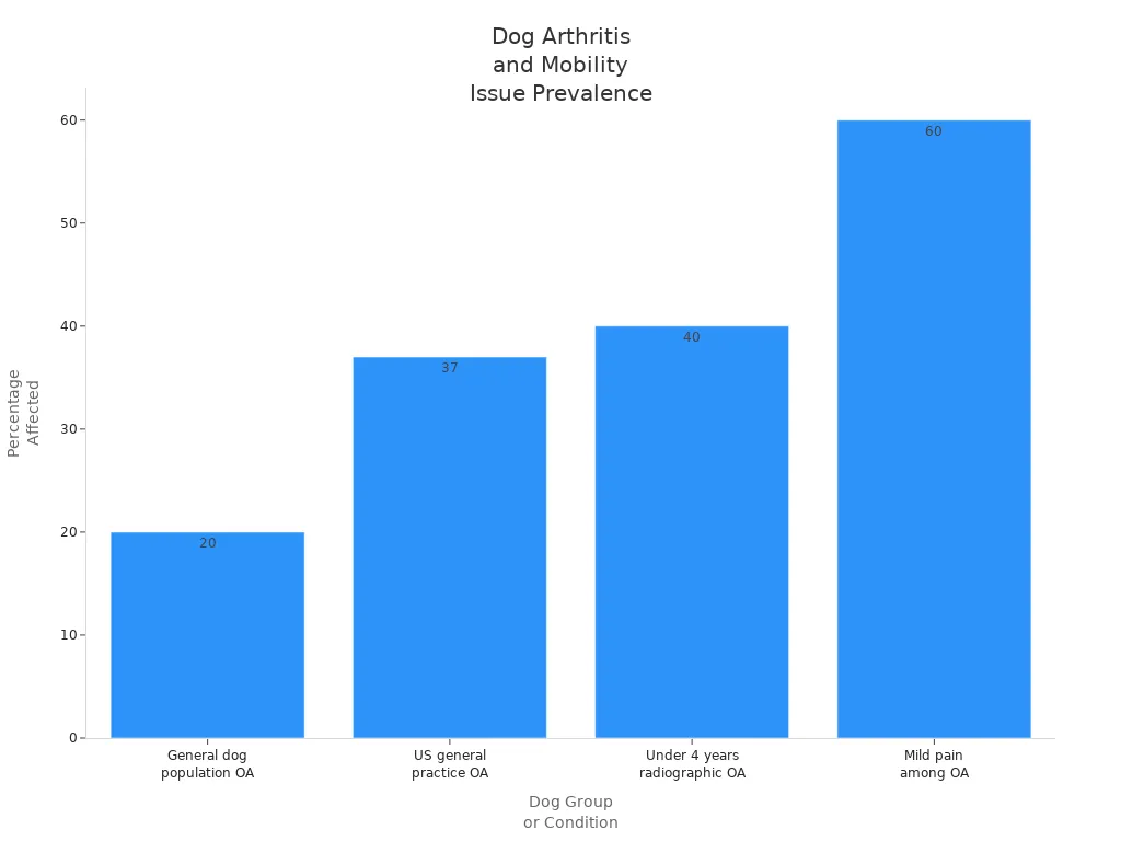 Bar chart showing percentages of dogs affected by arthritis and mobility issues across different groups